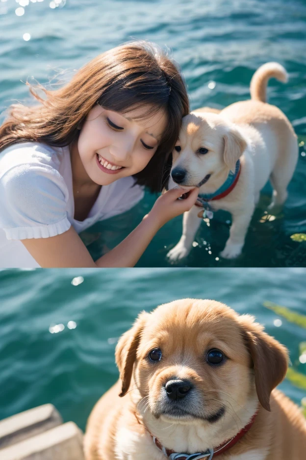 Brie Larson (age 25, colorful bikini) playing with a big happy dog, licking face, backyard fun, scene of happiness
