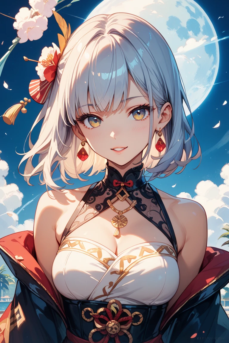 ((One personの女性)), Beautiful Face, (seductive smile),((Wink:1.9)),Laugh with your mouth wide open((Bright red cheeks:1.4)),Shiny red lips,night,rooftop,Festive decorations,You can see the ocean, Starry Sky,Laughing with your mouth open,Glossy pink lips,Facial lighting,((Anime style background)),masterpiece, Highest quality, so beautiful,up to date, Complex details, (Pink long nails),(ring),(bracelet),(choker),AI-generated, Complex,High resolution, Highest quality, super high quality,3D Images、3D Images,One person,Long white hair,High Ponytail,(Pale eyes),Anime woman posing for a photo, ((Fine eyes、Silvery white colorful eyes、Shining Eyes:1.4)),(Squint your eyes:1.1),a hyperRealistic , hyperRealistic , Realistic,Anime woman with long white hair, Smooth anime CG art, A woman in a colorful kimono with gold embroidery, (Black long sleeve kimono),Red floral pattern,Long flower hair ornament,big floral earrings,Mature Body,(Big Breasts:1.1),expensive,Abdominal muscles,Tight waist,(Zoom up to face:1.7),Shooting from diagonally below