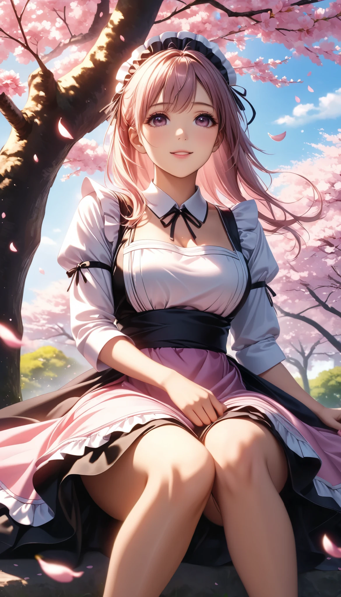 cherry blossoms dance all over, Cherry blossom trees, One Woman Looking Up, Tranquil and Sweet, high quality DVD, realistic, extreme detail, professional , 4K rendering, Art Photography, Bokeh, Warm Tones, cherry blossom petals dance, quiet atmosphere, sit under a tree, Hug your legs, purple ruffled dress, Japanese Maid, Delicate Facial Expressions, Slowly Gestures, Soft Light Shines In, beautiful spring garden, Swaying Cherry Blossom Branches, Relaxed Posture.