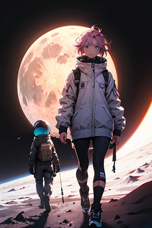 A masterpiece digital art, high resolution, anime style, 4k wallpaper, a head portrait of Lucyna standing on moon looking at earth <lora:lucy_xl-000027:1>