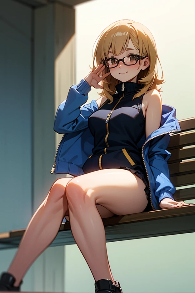 (masterpiece, best quality:1.2), solo, Android 18 from Dragon Ball, ((light gray hooded sweatshirt, Oversized hooded sweatshirt, long sleeve, black thin thigh highs, knees up, beautiful butt, thighs, red silky panties)), small breasts, blonde hair, (single hair bun), ((blue eyes)), (wearing glasses), earrings on earlobes, slender feminine figure, skinny body, (drinking a coffee), cleavage, off shoulder, light blush, chill, hot coffee, organized, simple, white-based interior, a few plants, cloudy sky, terrace, magnificent view, blur background, 4K, on the cute chair, (pale blue chair), 
