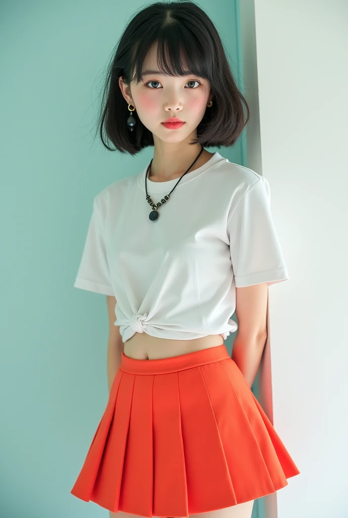 A 20-year-old Hmong woman with beautiful white skin, small lips, big, round breasts, not wearing a shirt, wearing a short white skirt with Hmong embroidery, wearing bracelets. 