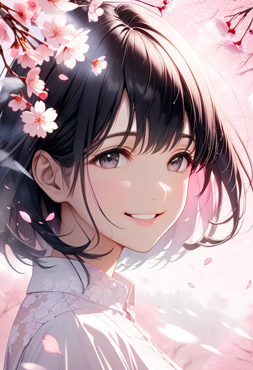 Black-haired beauty, A gentle smile for a lover, looking here, white blouse and gray long skirt, Close-up of upper body, Cherry blossom trees(double exposure:0.6, pink background blur, cherry blossom blizzard effect:1.2)