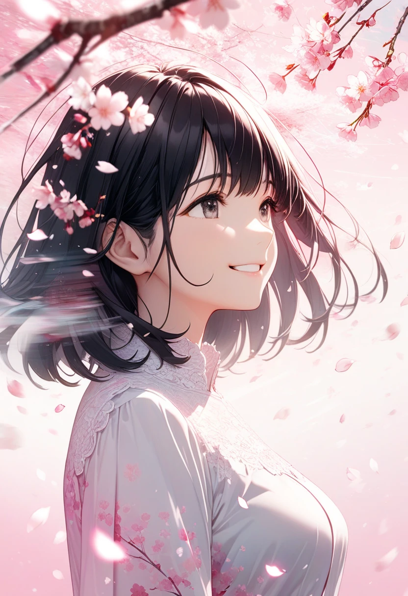 Black-haired beauty, A gentle smile for a lover, looking here, white blouse and gray long skirt, Close-up of upper body, Cherry blossom trees(double exposure:0.6, pink background blur, cherry blossom blizzard effect:1.2)