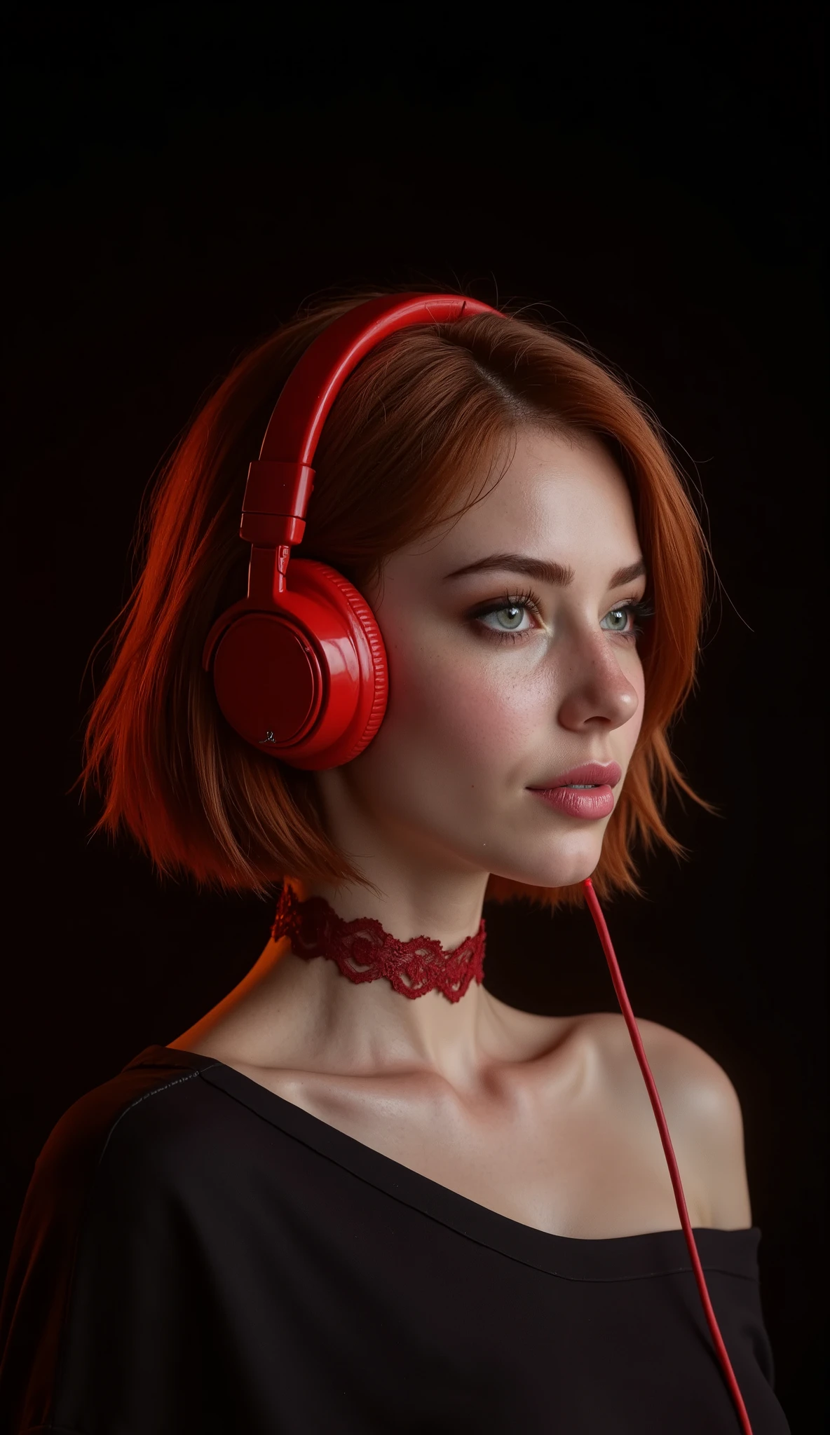 ((artwork, highest quality, highest image quality, high resolution, photorealistic, CRU photo, 8k)), (best quality, 4k, high resolution, masterpiece: 1.2), ultra detailed, (realistic, photorealistic: 1.37), ray traced. Best quality, masterpiece, pure black background image. Pure black image background ideal for wallpaper. Of the bust of a very pretty 20-year-old girl, intense red hair bob cut, layered, very detailed hair, she is wearing red headphones and is listening to music, enjoying the music and smiling shyly, with both her hands on the headphones to hear the music better, very detailed red headphones, shy, very detailed dark green eyes, long eyelashes, light makeup, thick, moist, half-open lips, ear piercings, choker on her neck made of red fabric with lace. she is wearing a very trendy red off-the-shoulder shirt, bra straps are visible, big , very pretty and sexy girl, side view, side view, the girl looks at the camera smiling shyly, gorgeous girl, Chiaroscuro, cinematic lighting, Fujicolor, UHD, Retina, masterpiece, accurate, anatomically correct, textured skin, super detail, high level of detail, high quality, award winning, best quality, high resolution, 1080P, HD, 16K. Pure black background ideal for wallpaper, realistic.