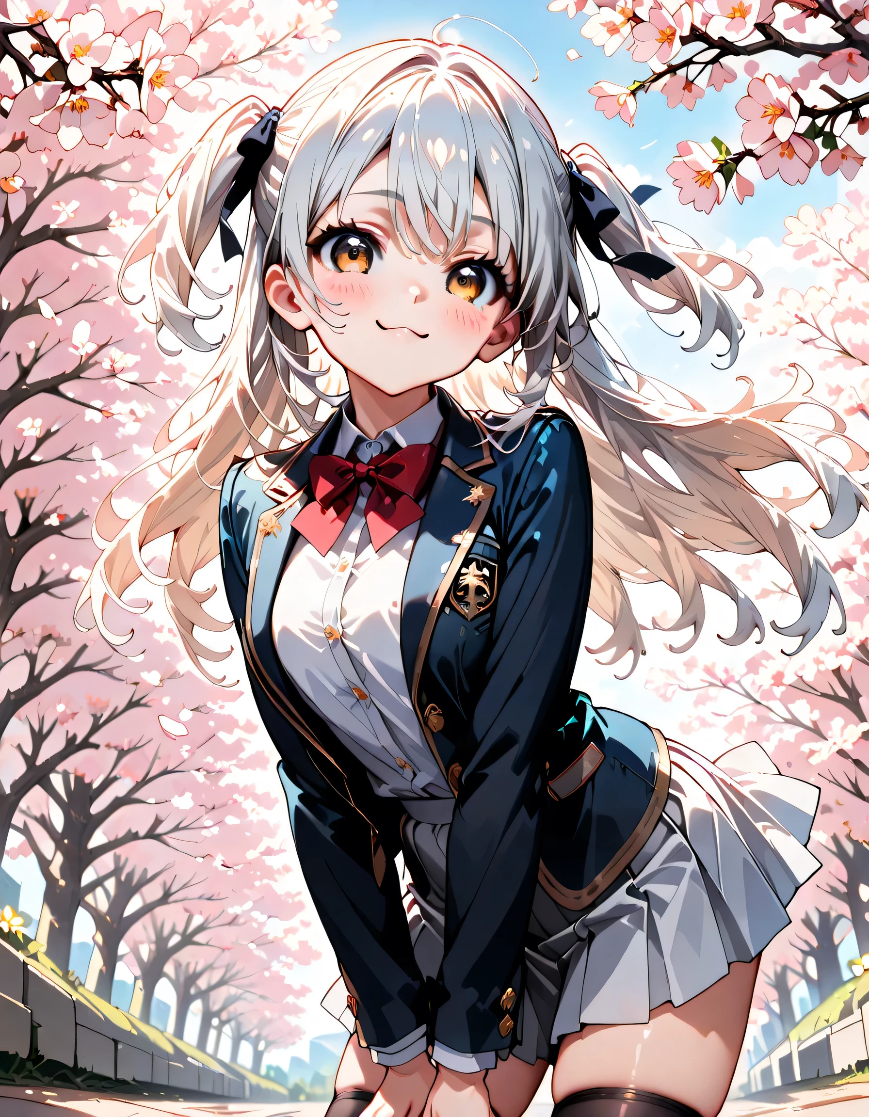 ((ultra-detailed)), (highly detailed CG illustration), (best quality:1.2), ultra-highly detailed, colorful composition, artistic photoshoot, 1girl, solo focus, ((thigh to top:1.4)), ((cowboy shot:1.4)), moe anime character, girl, dainty facial structure, (baby face), (round face), ((rounded chin:1.2)), ((ideal ratio body proportions)), (blue eyes), sparkle eyes, ((silver hair color)), ((two side up)), (hair ribbon with red), ((hair is swaying in the wind)), ((smile:1.2)), ((cat mouth:1.3)), ((blush1.2)), ((playing with a cat:1.2)), ample breasts, school uniform, navy blue blazer, modern style with fitted jacket, red neck bow, long sleeves white frilled shirt, navy blue pleated skirt, and black high socks, white panties, ((crouching)), from front, expecting, pink cheek, blush, light pink gloss slip, beautiful detailed sky, cherry blossom petals, cherry trees, row of cherry trees, breeze, petals dancing in the wind, shining sunlight shines, contrapposto pose, best quality, masterpiece, portrait, depth of field, soft lighting, sidelighting, (shine), lighting, caustics, ray tracing, perfect face, lustrous skin, highly detailed face, highly detailed eyes, perfect face, perfect nose, perfect hair, perfect eyes, perfect anatomy, beautiful hair, beautiful small face, extremely detailed face, beautiful detailed eyes, beautiful clavicle, beautiful body, beautiful ample breasts, leavage, breasts squeezed together, equalize the size of the left and right breasts, beautiful thin thighs, beautiful legs, beautiful fingers, 4 fingers, 1 thumb, lovely, (very detailed background:1.0), (highly detailed background:1.0), spring aesthetic, intricate details, enjoy the performance atmosphere, spring colors palette, chromatic aberration