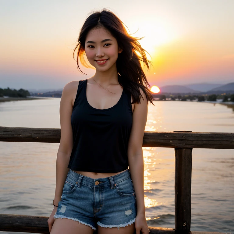 Blurred cityscape, summer、 Black Hair, Beautiful Filipina Women、summerらしく, short,Masterpiece、smile