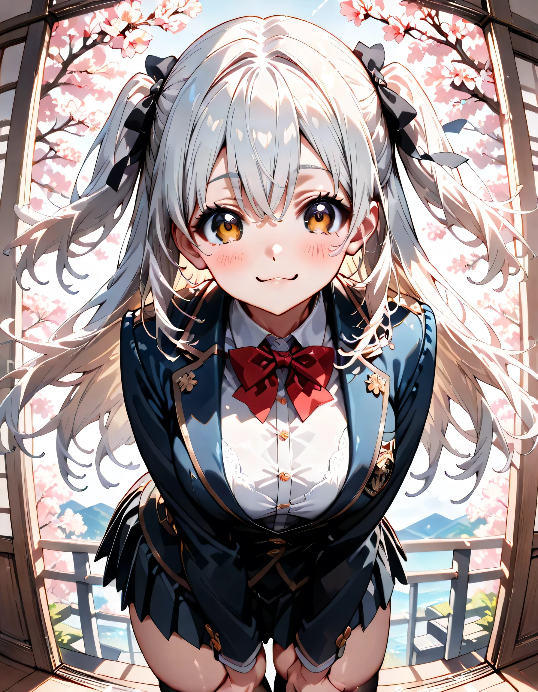 ((ultra-detailed)), (highly detailed CG illustration), (best quality:1.2), ultra-highly detailed, colorful composition, artistic photoshoot, 1girl, solo focus, ((thigh to top:1.4)), ((cowboy shot:1.4)), moe anime character, girl, dainty facial structure, (baby face), (round face), ((rounded chin:1.2)), ((ideal ratio body proportions)), (blue eyes), sparkle eyes, ((silver hair color)), ((two side up)), (hair ribbon with red), ((hair is swaying in the wind)), ((smile:1.2)), ((cat mouth:1.3)), ((blush1.2)), ((playing with a cat:1.2)), ample breasts, school uniform, navy blue blazer, modern style with fitted jacket, red neck bow, long sleeves white frilled shirt, navy blue pleated skirt, and black high socks, white panties, ((crouching)), from front, expecting, pink cheek, blush, light pink gloss slip, beautiful detailed sky, cherry blossom petals, cherry trees, row of cherry trees, breeze, petals dancing in the wind, shining sunlight shines, contrapposto pose, best quality, masterpiece, portrait, depth of field, soft lighting, sidelighting, (shine), lighting, caustics, ray tracing, perfect face, lustrous skin, highly detailed face, highly detailed eyes, perfect face, perfect nose, perfect hair, perfect eyes, perfect anatomy, beautiful hair, beautiful small face, extremely detailed face, beautiful detailed eyes, beautiful clavicle, beautiful body, beautiful ample breasts, leavage, breasts squeezed together, equalize the size of the left and right breasts, beautiful thin thighs, beautiful legs, beautiful fingers, 4 fingers, 1 thumb, lovely, (very detailed background:1.0), (highly detailed background:1.0), spring aesthetic, intricate details, enjoy the performance atmosphere, spring colors palette, chromatic aberration