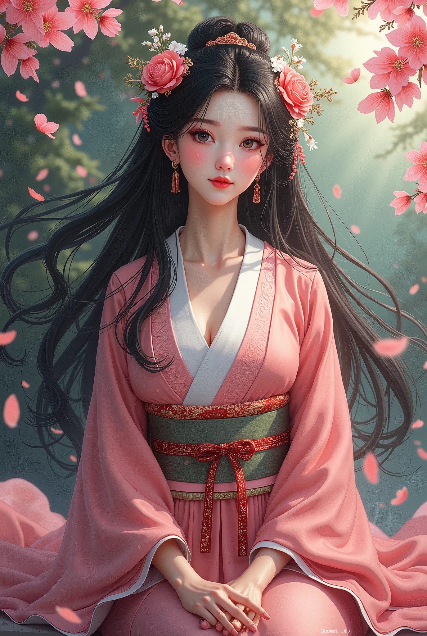 Konohanasakuya-hime,detailed portrait of Konohanasakuya-hime the Japanese goddess of flowers,beautiful young woman with long flowing hair,elegant kimono,graceful pose,serene expression,sakura petals drifting,lush garden background,4K,master painting,intricate details,vivid colors,soft lighting,ukiyo-e style,traditional Japanese art,digital painting