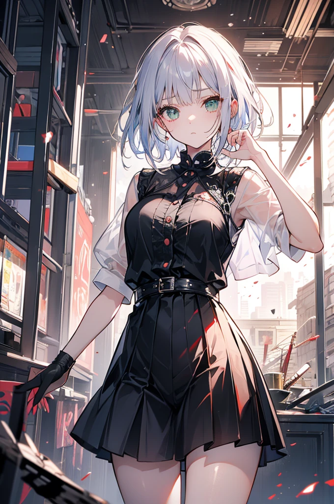 (best quality:1.2), (highest quality:1.2), (perfection:1.1), (flawless:1.1), urban street, 1girl, (terrifying look, dark look, dominant look:1.2), (evil grin:1.1), (loli:1.1), dark blouse, short skirt, blushing, colorful short hair, small breasts, (best quality eyes:1.1), highly detailed, 8k, best quality resolution, (most beautiful upscale:1.1)
