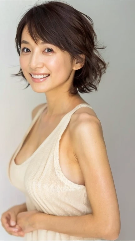 You are a professional gravure photographer.。future、Beautiful Eyes、 ((highest quality)), Clear contours, Woman with beautiful face, (((One Girl,alone))), ((Beautiful Eyes)), Sex Appeal,Albedo and Specular Maps、Accurate simulation of lightweight material interactions、Thigh shot、Bob Hair、smile、On Peach