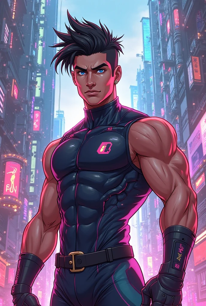 Mature, male, handsome uncle, muscular macho, bodybuilding, muscle behemoth, pectoral muscles, abs, muscle bulge, in mechanical city, cyberpunk style, mechanical headphones, cargo pants, mechanical wind, neon lights, mechanical repairman, tall
