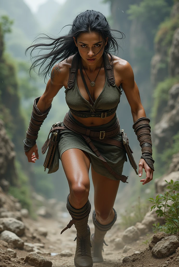 (Zendaya:Evangeline Lilly), Hyborian Age, ancient oasis, 10,000 BC, under waterfall, slightly muscular, hyperdetailed painting, solo focus, dark-skinned female, midriff, blurry background, buzzcut mohawk, long hair braid, necklace, bracelet, cleavage, black hair, skirt, realistic,