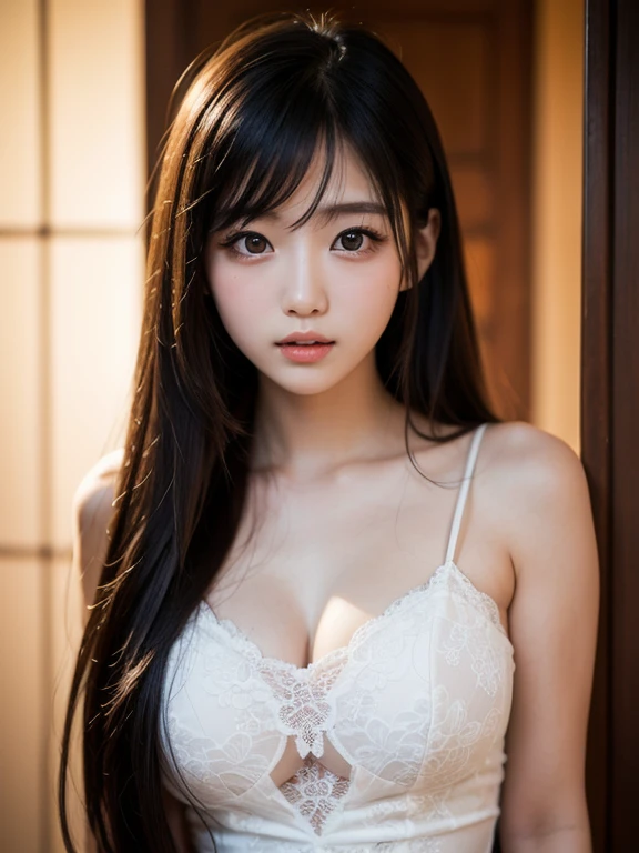 (Highest quality, Highest quality、Masterpiece, detailed、Ultra-realistic), Beautiful and delicate、Portrait of a 15 year old girl, Calm and gentle look, Model for painting、Half naked、Beautiful nipples、The background is a room at home、Breast size is C cup、Panties are wet with love juice、Her legs open towards me in an M shape.、Spread your legs、detailed、Accuracy、Body facing forward、Embarrassing、Not wearing a bra、Wearing panties、Her panties are wet、I can see her vagina,