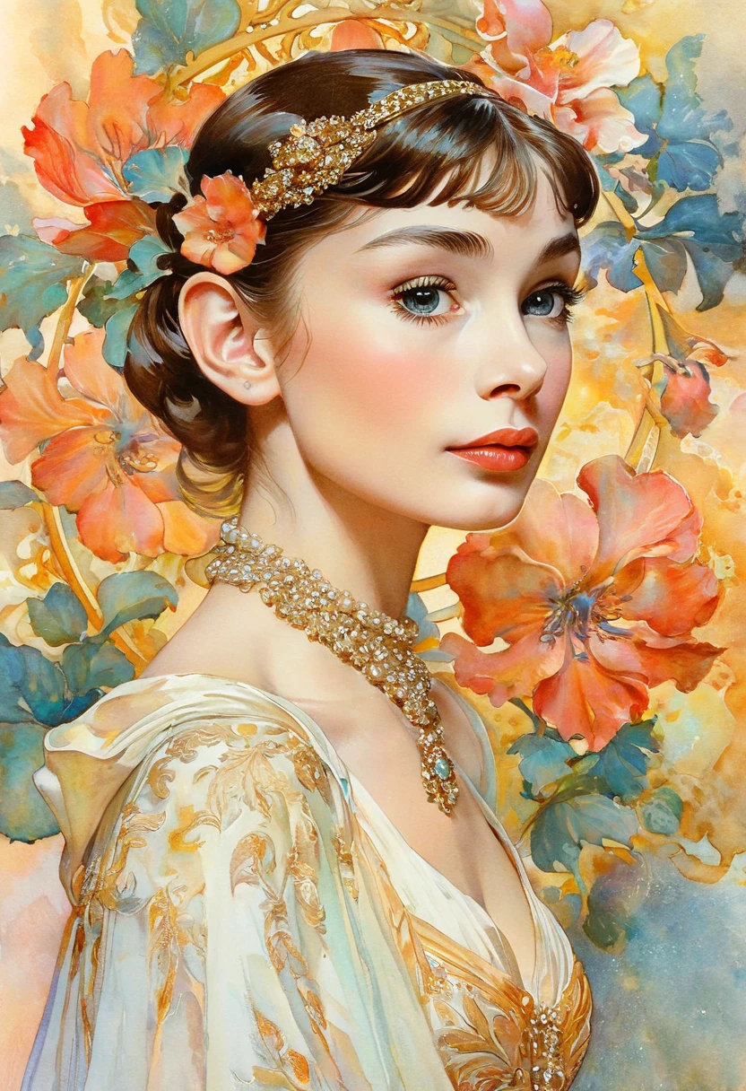 (masterpiece, best quality, ultra-detailed, illustration, painting), best illumination, dynamic angle, finely detail, (full body shot of a High Quality Victorian Era cute girl), (oil painting), (Francois Boucher), alphonse mucha, (Claude Monet), Franz Xaver Winterhalter, [NORMAN ROCKWELL], (PERFECT FACE:1.2), (SEXY FACE:1.2), (DETAILED PUPILS:1.2), (SMIRK), (HIGH DETAIL:1.2), SHARP, glitter many particles, artgerm, ((intricate details)), ((highres)), (finely detailed), absurdres, soft lighting, glow, (1girl), (solo), beautiful detailed glow, (large breasts), cleavage, sideswept hair, hair bowtie, (intricate halter backless dress), gloves, (highheels:1.14), [ornate mansion's foyer, bannisters in background],, looking at viewer