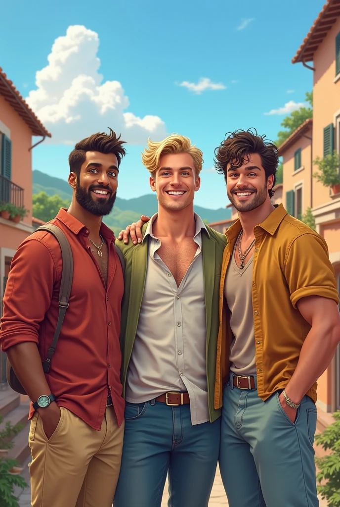 Masterpiece, Best Quality, (Perfect Faces: 1.1), (High Detail: 1.1), Three amicable men, Cheerful camaraderie, Muscular physiques, Ripped abs, Tanned skin, Chiseled jawlines, Bright smiles, Casual clothing, Jeans and t-shirts, Playful banter, Sun-kissed hair, Clear blue sky, Golden hour lighting, Lush green forest in the background, Long shadows, Relaxed posture, Sunglasses, Beers in hand, Laughter lines, Friendly and inviting, Dynamic poses, Interconnected arms, Jovial expressions, Vibrant color