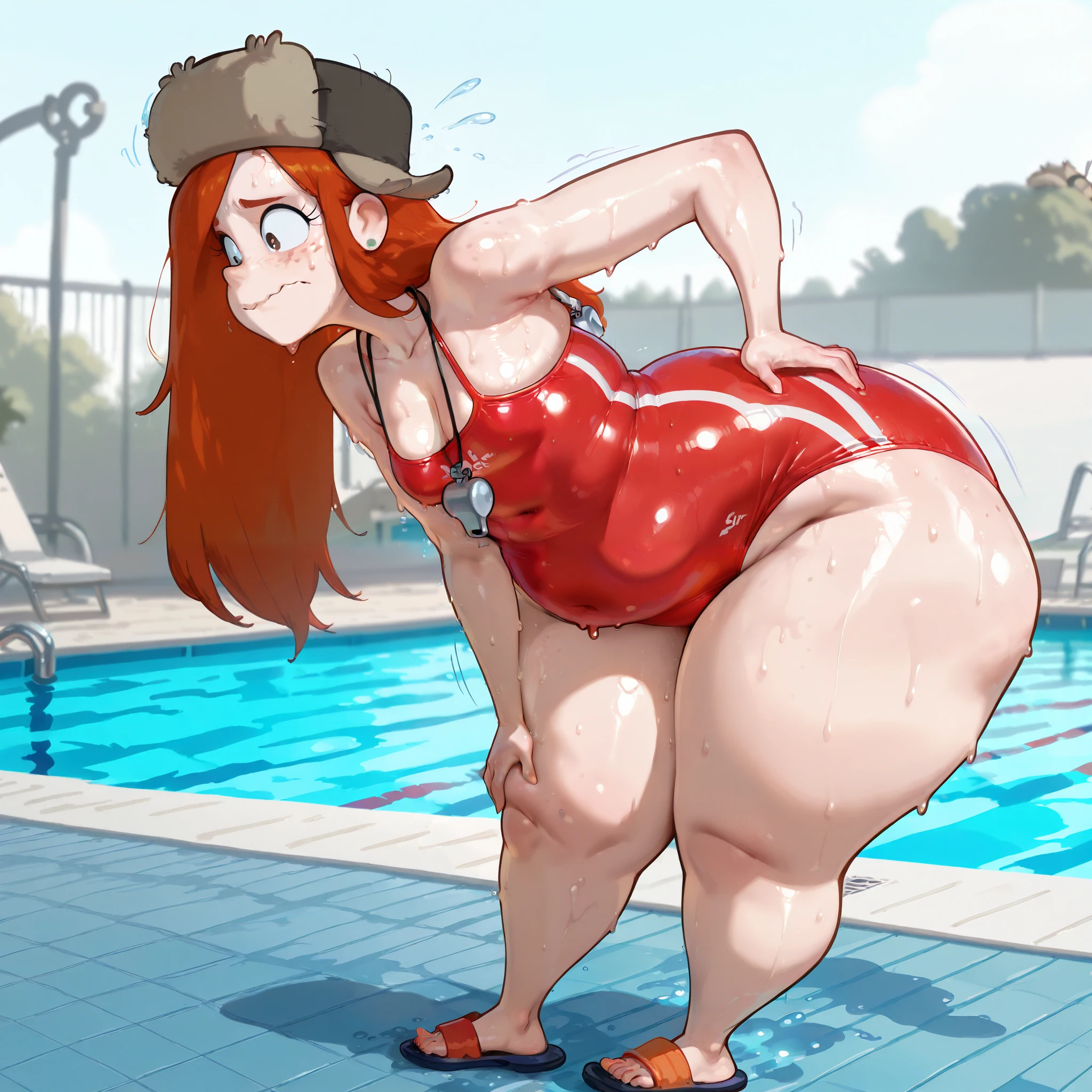 wendy, long hair, fur hat, 1girl, orange hair, solo, freckles, earrings,red swimsuit,whistle around neck, long hair, long prominent neck, gained put on weight, plump body, (bottom heavy), embarrassed emotions, (standing at an outdoor pool, arched back), plump arms, fullbody image, (hand on hip) , (shiny, oily skin:1.1), (nip slip), SweatyStyle, (long fat legs)
sweat
shiny
shiny skin