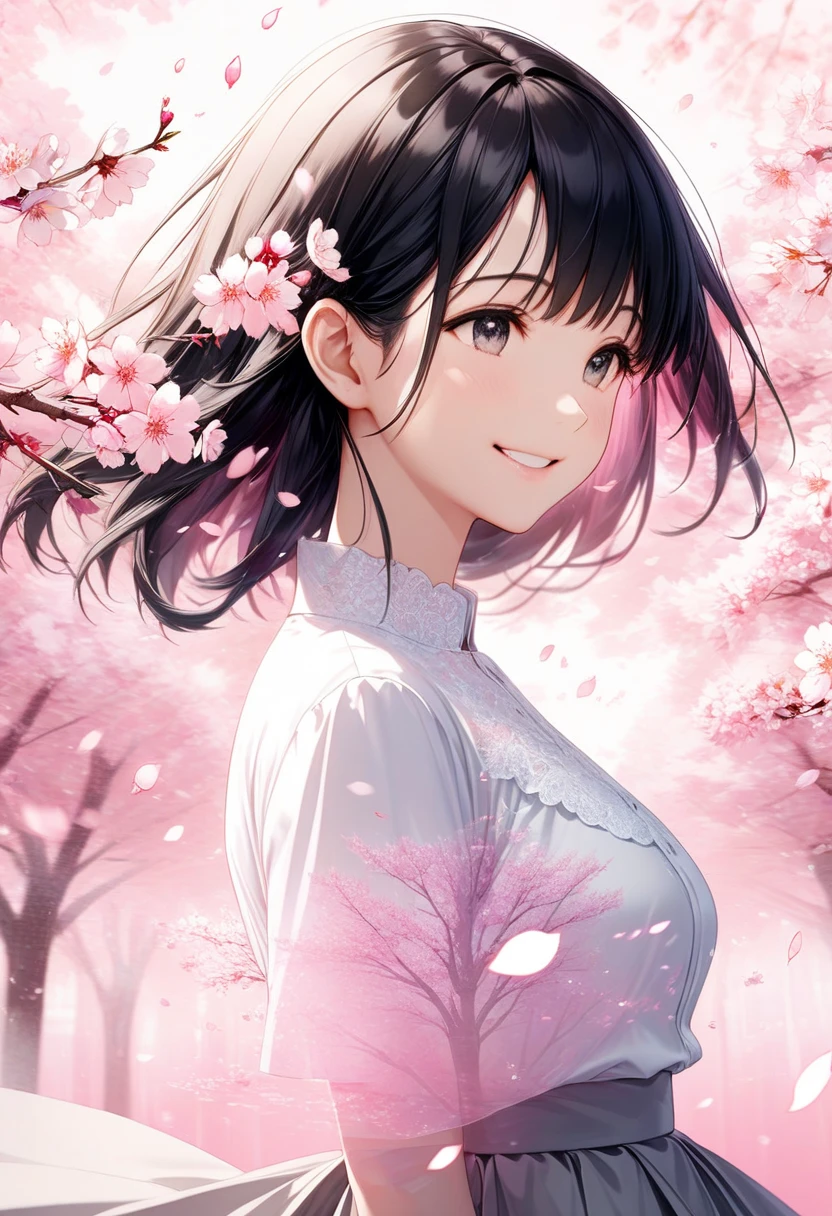 Black-haired beauty, A gentle smile for a lover, looking here, white blouse and gray long skirt, Close-up of upper body, Cherry blossom trees(double exposure:0.6, pink background blur, cherry blossom blizzard effect:1.2)