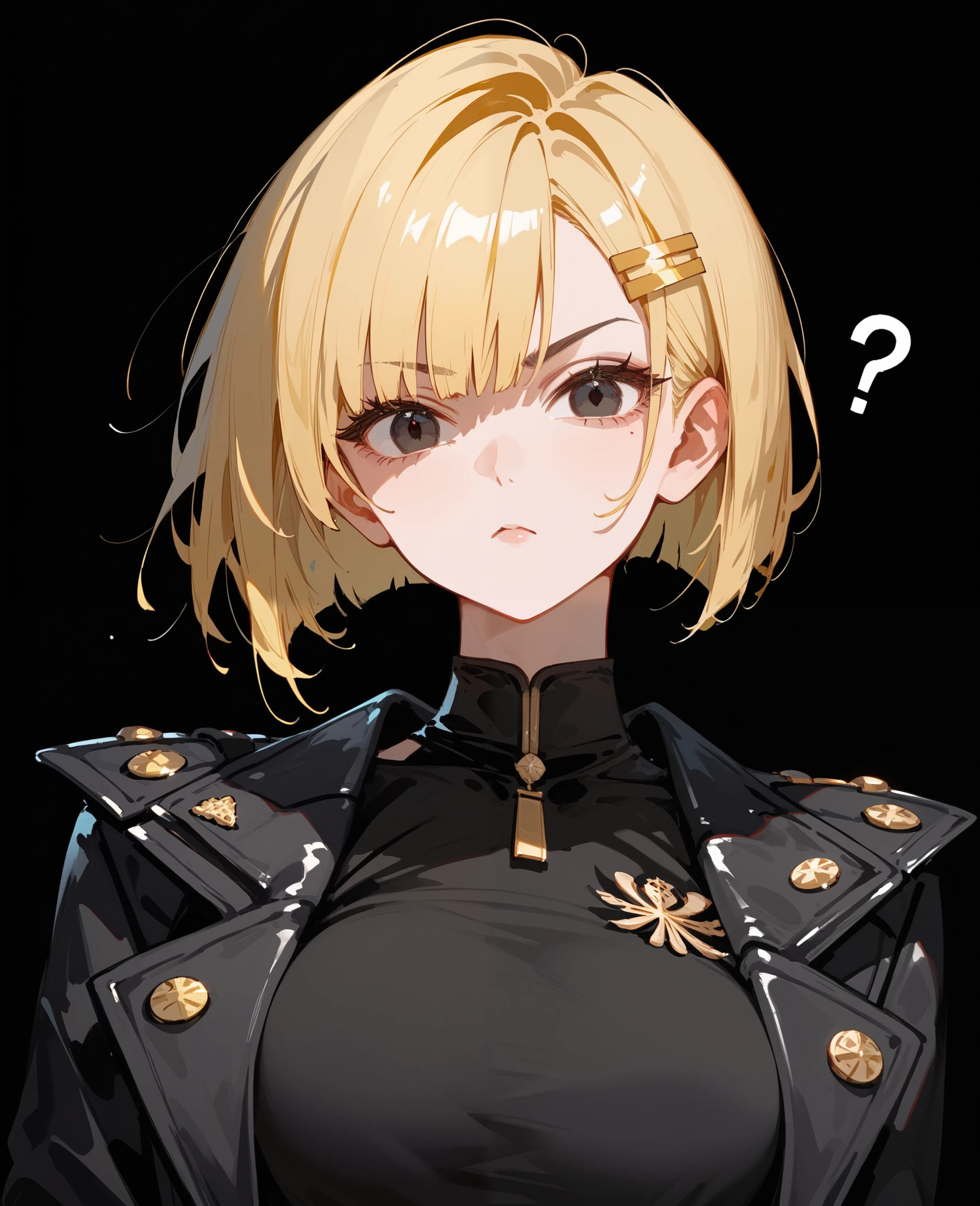 girl,for short hair, in black eyes,Yellow hair,Slim Gold Hairpin,Fierce face,Black jacket with long sleeves, Black Shirt ,black background,upper body shape,Bob hair, hair cut ,big breasts,Confused