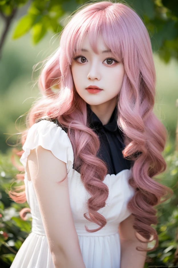 A young anime-style girl with long, wavy pink hair
and large, expressive eyes. She has a soft, gentle expression and appears to be in a serene, dreamlike setting with a blurred, warm-toned background.