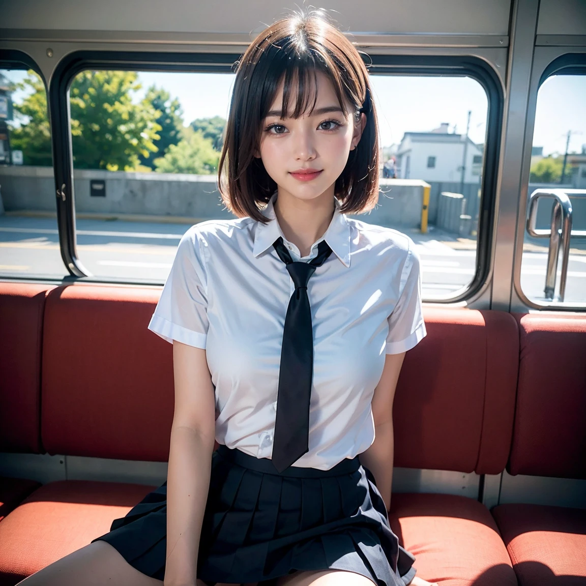 ((Roll up your skirt)), Pleated skirt, blush, Round face, (Droopy eyes), blush, ((((Embarrassed face)))) ((Spread your legs))by bus、On the way to school、Bus seatに座って、beautiful girl、(真面目そうなbeautiful girl)Light brown hair、((Pussy))、(((short hair)))、((Shyly showing her pussy))、I'Embarrassed to be seen by others、((No pants))、((Please expose your lower body))Bus seat、full、Inside the bus、((((Ecstasy、feel))))