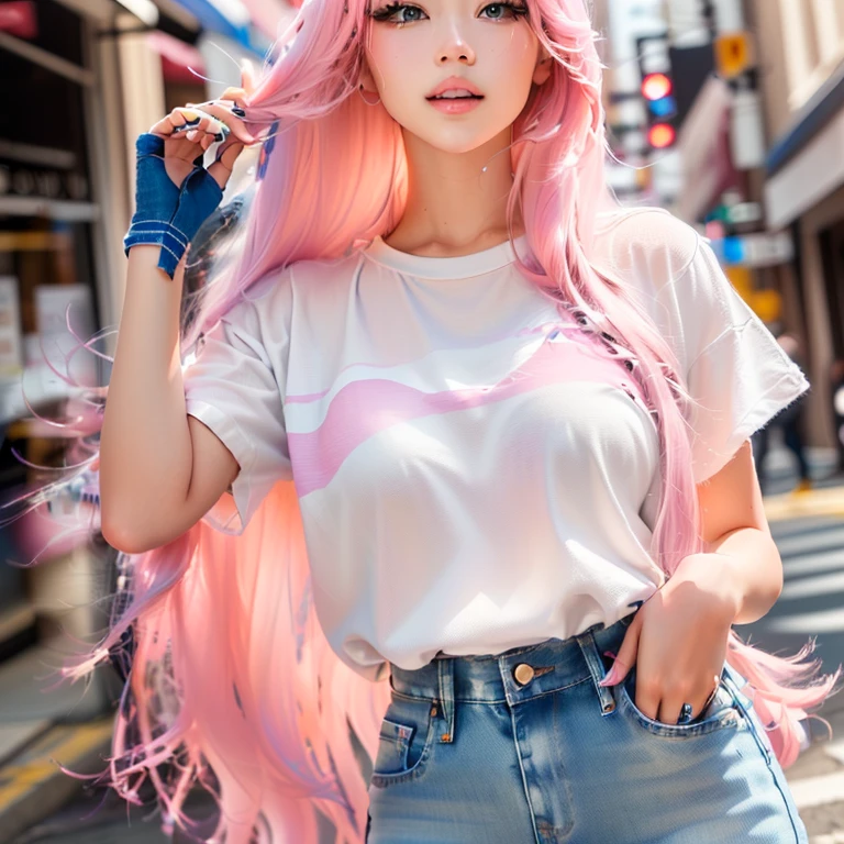 Create a woman with long pink hair (Estilo One Piece)