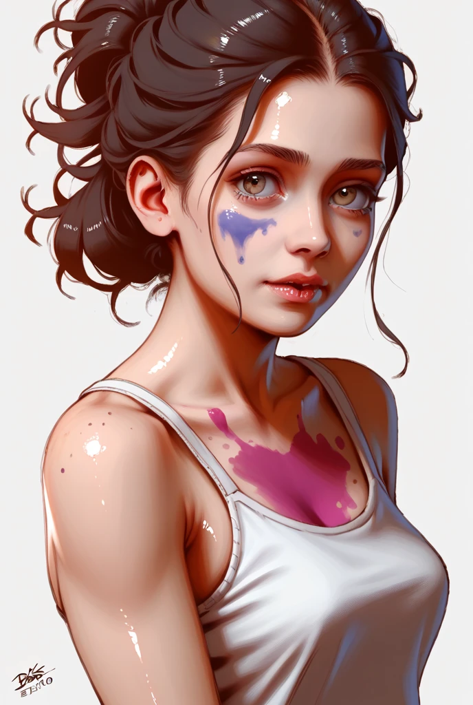 Character style illustration style Completely bare breasts showing small fear Breast size Cartoon name: Isabella Cruz white background medium breasts freckled face Jennifer Connelly actress strong contours Physical description - long straight hair, tingidos de um marrom vibrante que contrasta com sua pele clara.
- You reflect a mix of curiosity and determination.
- Ela tem uma estatura alta, with a slender and agile figure, evidenciando sua agilidade e destreza.
-fundo colorido 
 Design de personagens de retrato, beautiful digital illustration, retrato de alta qualidade, Arte em quadrinhos, Corpo inteiro sensualizando ou pelada. folha de retorno. return sheet member clothes of the day first summer day