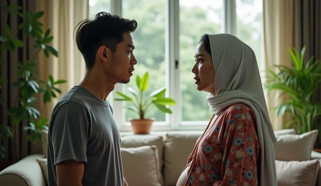 a beautiful Indonesian woman wearing a hijab, slim, 32 years old wearing a robe with buttons open, bra visible, is having women on top style sex with a 14 year old age boy on a bed, in a room with wooden plank walls, at night