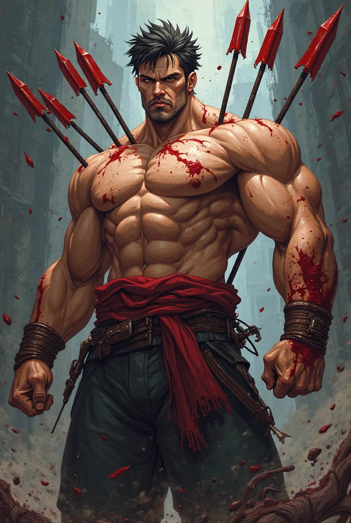 mature man, torn clothes, (bleeding, scars, after battle), broken sword, broken shield, destruction, devastation, debris, detailed, masterpiece, absurdres, best quality, dark <lora:clayMann-000012:0.85>