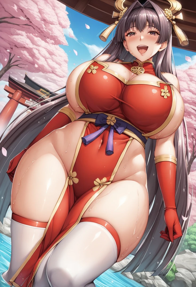 One girl, long hair, slightly large breasts, (slightly large breasts: 1.4), thick thighs, (thick thighs: 1.2), silver hair, golden eyes, frilly hairband, white background, cleavage, exposed shoulders, brown eyes, standing, collarbone, full body, ponytail, thighs, open lips, kimono, shiny, arms up, shiny hair, shiny skin, open bangs, obi, high ponytail, revealing clothing, rope, pelvic curtain, ninja, back view