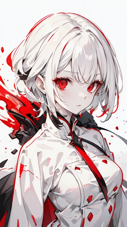 Woman with white hair, Red Eyes, soaking in water,Wearing a ponytail,Wearing loose white clothes