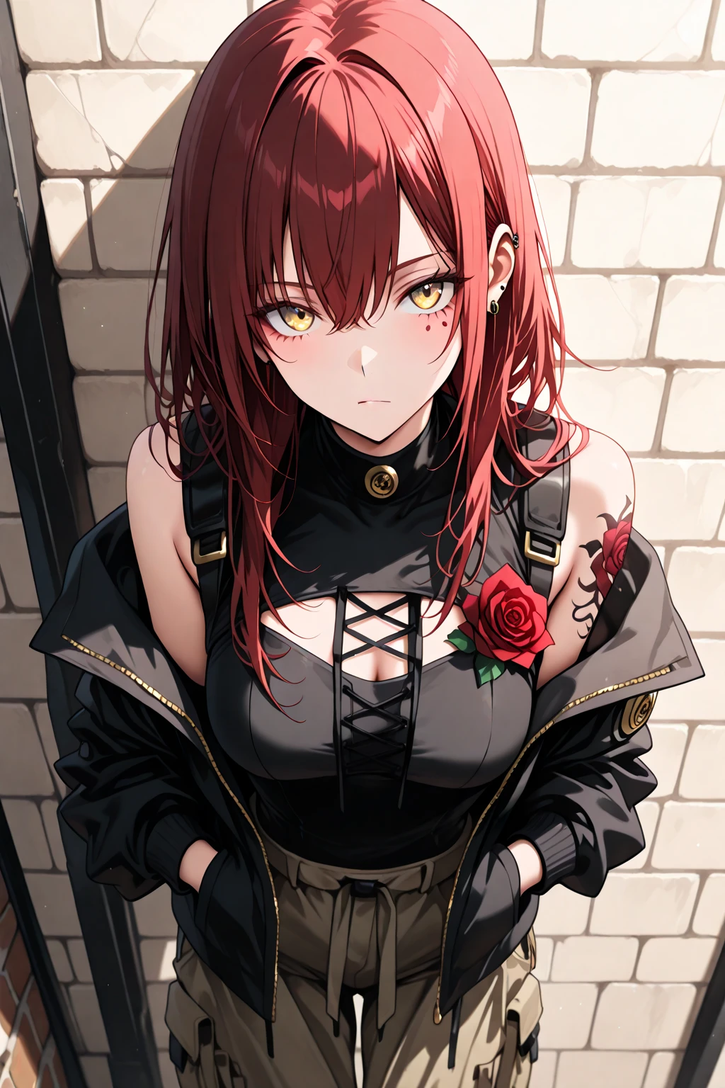 night、Persona 4 Mitsuru、Red hair long waves、Curly Hair、Black Background、Evil background、Hotel Bedroom、Sensual pink light、Red ribbon on chest、White turtleneck、黒いスカートUpper Body、tall、Upper Body、Evil female warrior、Fantasy、Condescending smile、Fallen into evil、Fall into Darkness、Sexy pose