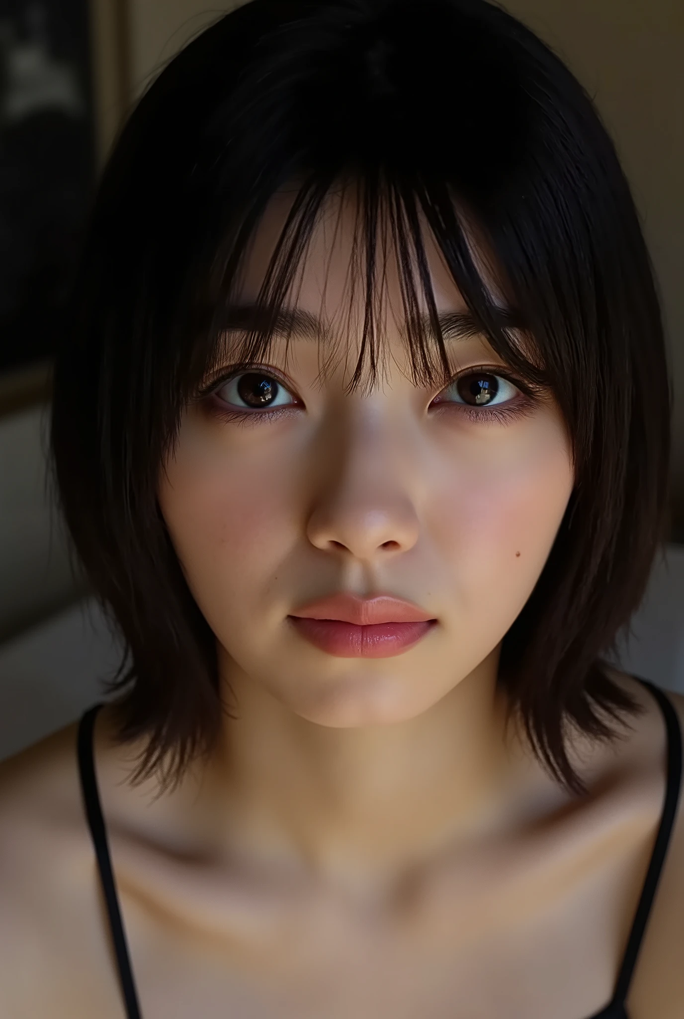 (( Best Quality )), ((masterpiece)), ( details), first-person view ,1 girl, sexy,( Bringing Your Face Closer ),((mouth wide open )),((Big Breasts, underwear, short bob hair)), black hair , (( without makeup, Small eyes))