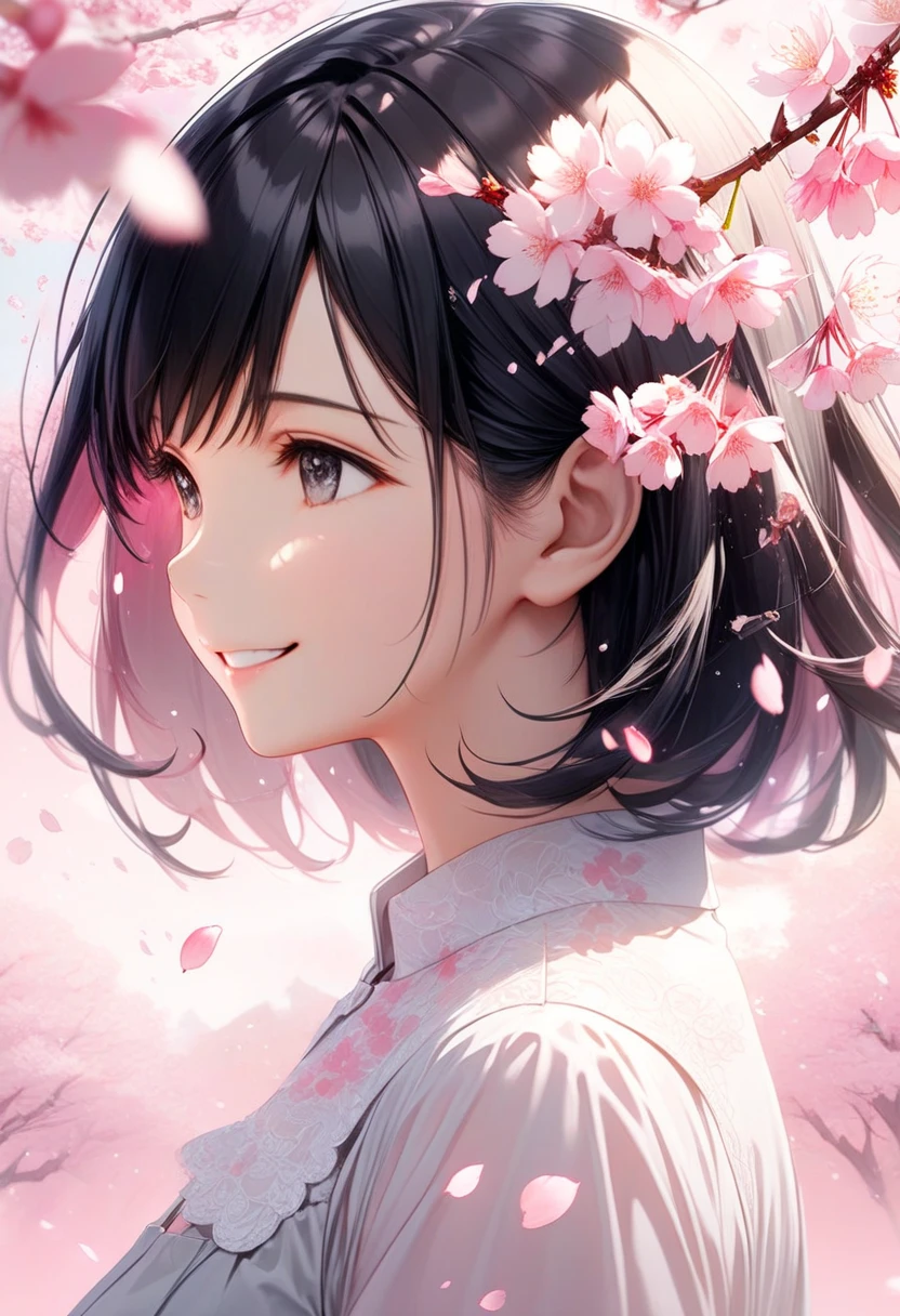 Black-haired beauty, A gentle smile for a lover, looking here, white blouse and gray long skirt, Close-up of upper body, Cherry blossom trees(double exposure:0.6, pink background blur, cherry blossom blizzard effect:1.2)