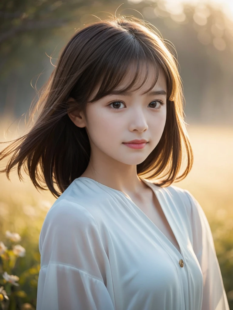 A beautiful Japanese girl is depicted in a vertical, ultra-realistic illustration. She has short, light-colored hair that frames her delicate face, with her eyes closed in a serene expression. She wears a thin, translucent dress with a subtle floral pattern, the fabric gently clinging to her form. The soft lighting highlights her smooth skin and the delicate textures of the dress, creating a dreamy, ethereal atmosphere.
The background is minimalistic and light, emphasizing the girl's calm and peaceful demeanor. The artist employs digital painting techniques to achieve high detail and realism, particularly in the rendering of her hair, skin, and the semi-transparent fabric of the dress. The use of soft gradients and subtle shadows enhances the sense of depth and realism, making the image both captivating and serene.