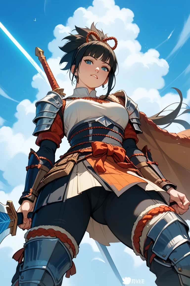 female, solo, large breasts, massive breasts, armor, katana, samurai, armor, cleavage, battle, warscene, drawing a katana