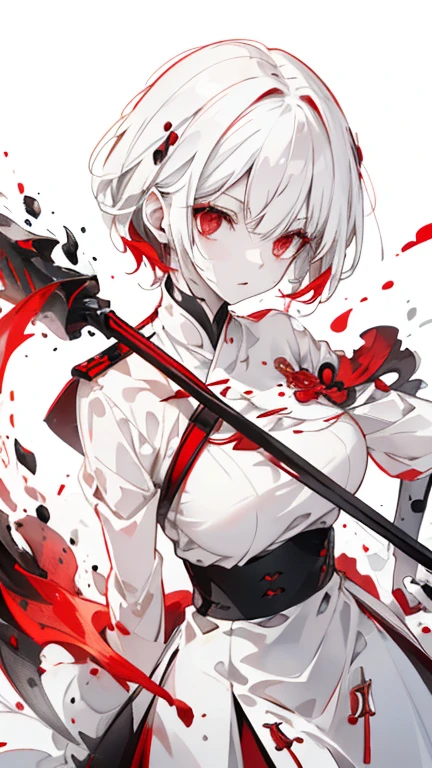 A young girl with short white hair, scorpion braid, yellow eyes, angry expression, cherry blossoms on her head, a samurai sword stuck in her waist, wearing a black samurai suit, Japanese style, wearing a black belt, black dokan suit, and a pure red background