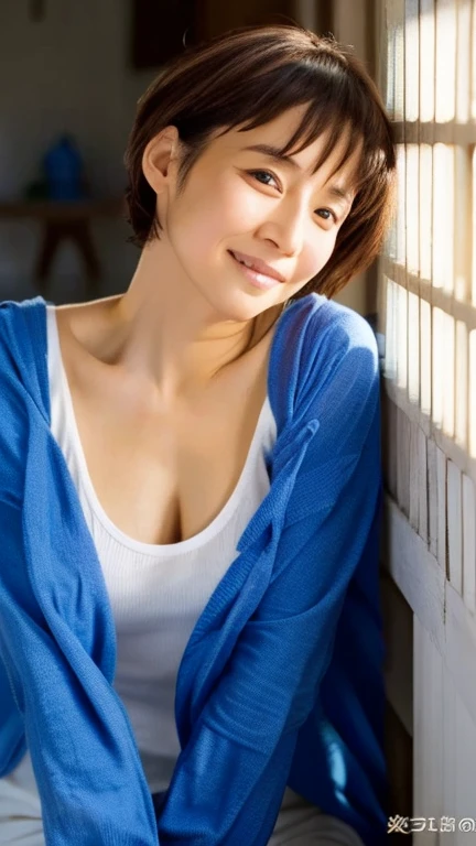 (((One girl,alone))),(Highly realistic photos, High resolution, Detailed face, Beautiful Eyes) Japanese women, 30 years old, Cute Face, Nice body, Medium chest, ,Hairstyle,  Take a photo book,Healthy Body,Thighs、turn over、Depth of written boundary,panties、Narrow eyes,Light Smile、Chunli