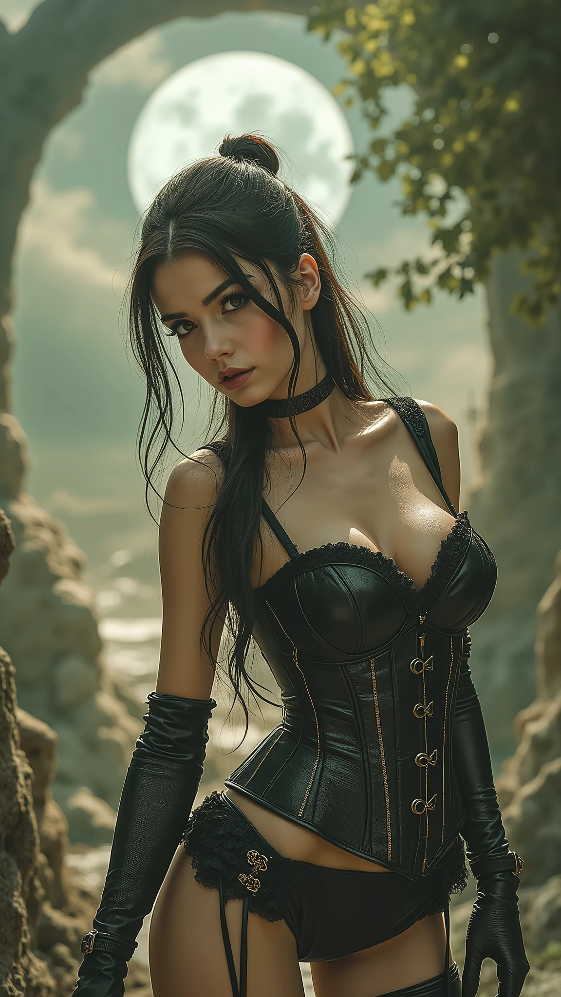 (msterpiece:1.3), (8k, RAW photo, best quality: 1.4), beautiful face, beautiful hairstyle, beautiful detailed eyes, beautiful skin, absurdres, attractive, ultra high res, highly detailed,NSFW, 3 girls in abandoned underground basement, big breast,facial close up,necklace,arms behind back,evil smile,knife,light long hair, ultra detailed skin,Heavy makeup, flower hairpin, naked,colorful patterned lace dress, dirty ground,on a rock,bondage,dirty rock,half body,