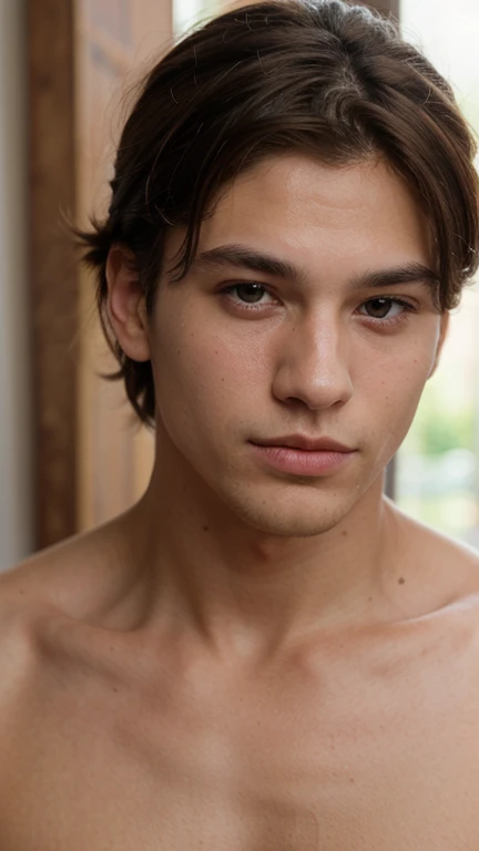 Portrait of a handsome male model in the club, 18 ans, Barechest, sans barbe, with short wavy hair, yeux bleus, thick lips