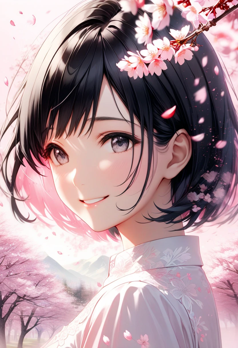 Black-haired beauty, A gentle smile for a lover, looking here, white blouse and gray long skirt, Close-up of upper body, Cherry blossom trees(double exposure:0.6, pink background blur, cherry blossom blizzard effect:1.2)