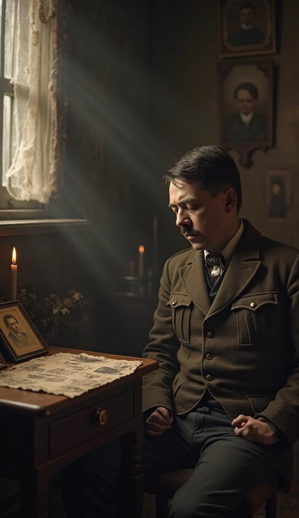 A striking cinematic illustration of Adolf Hitler, dictator of  Germany from 1934 to 1945. He is depicted as a sinister and powerful figure, standing in front of a large, ornate desk with a German flag in the background. The desk is covered in documents and maps, and a single candle casts an eerie light. The atmosphere is tense and foreboding, with an air of historical importance and the weight of millions of lives hanging in the balance