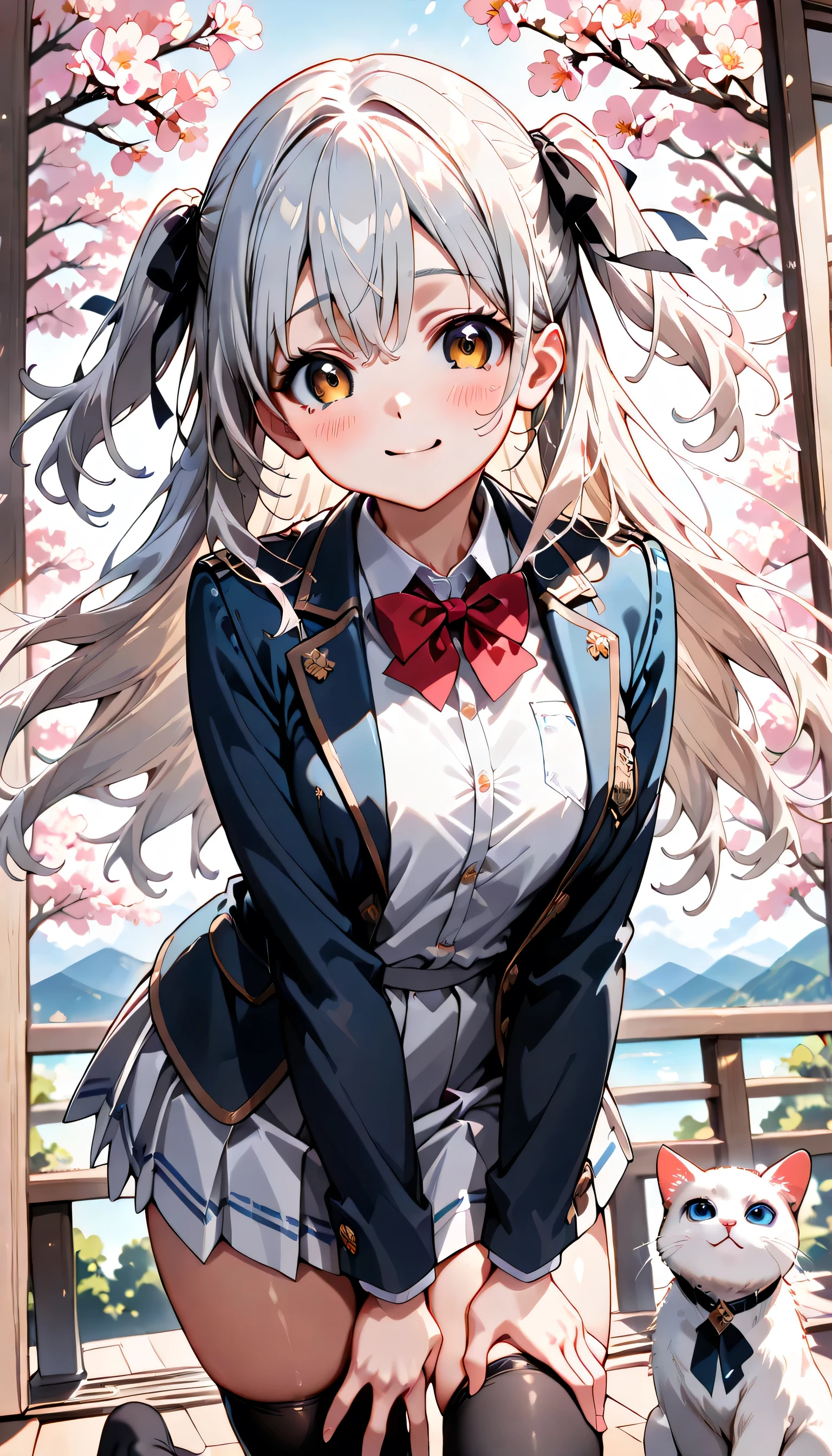 ((ultra-detailed)), (highly detailed CG illustration), (best quality:1.2), ultra-highly detailed, colorful composition, artistic photoshoot, 1girl, solo focus, ((thigh to top:1.4)), ((cowboy shot:1.4)), moe anime character, girl, dainty facial structure, (baby face), (round face), ((rounded chin:1.2)), ((ideal ratio body proportions)), (blue eyes), sparkle eyes, ((silver hair color)), ((two side up)), (hair ribbon with red), ((hair is swaying in the wind)), ((smile:1.2)), ((cat mouth:1.3)), ((blush1.2)), ((playing with a cat:1.2)), ample breasts, school uniform, navy blue blazer, modern style with fitted jacket, red neck bow, long sleeves white frilled shirt, navy blue pleated skirt, and black high socks, white panties, ((crouching)), from front, expecting, pink cheek, blush, light pink gloss slip, beautiful detailed sky, cherry blossom petals, cherry trees, row of cherry trees, breeze, petals dancing in the wind, shining sunlight shines, contrapposto pose, best quality, masterpiece, portrait, depth of field, soft lighting, sidelighting, (shine), lighting, caustics, ray tracing, perfect face, lustrous skin, highly detailed face, highly detailed eyes, perfect face, perfect nose, perfect hair, perfect eyes, perfect anatomy, beautiful hair, beautiful small face, extremely detailed face, beautiful detailed eyes, beautiful clavicle, beautiful body, beautiful ample breasts, leavage, breasts squeezed together, equalize the size of the left and right breasts, beautiful thin thighs, beautiful legs, beautiful fingers, 4 fingers, 1 thumb, lovely, (very detailed background:1.0), (highly detailed background:1.0), spring aesthetic, intricate details, enjoy the performance atmosphere, spring colors palette, chromatic aberration