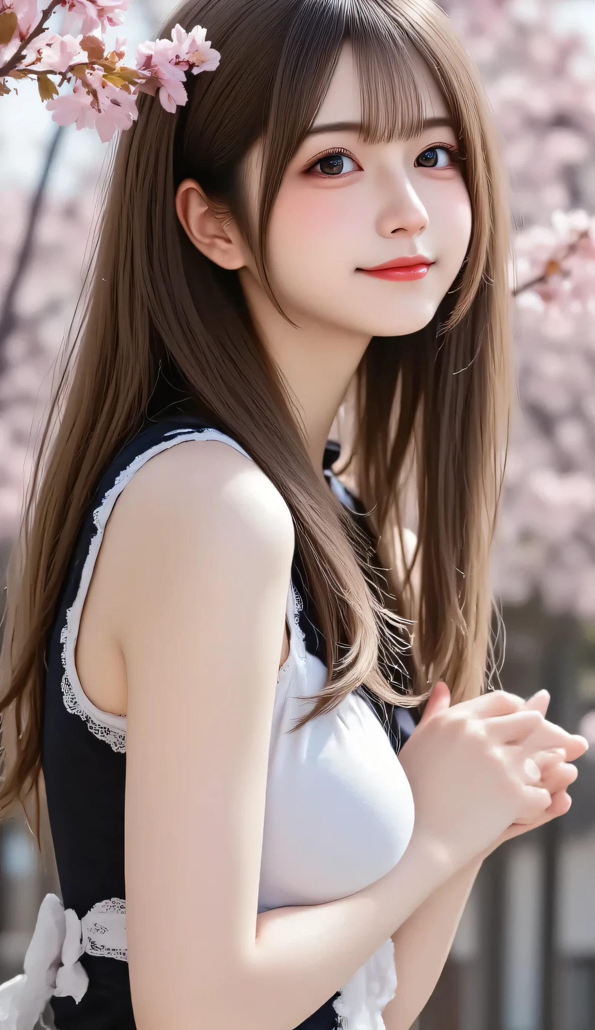 Japanese woman、20th Generation、 University Graduation Ceremony 、Hakama、Cherry blossom trees、cherry blossoms fluttering in the wind、University auditorium in the background、I'm holding my diploma with both hands、black hair、long hair、hair fluttering in the wind、holding down fluttering hair softly with hands、looking up at the sky a little、high definition、high resolution、Portrait Photography、photo quality、real、cute、masterpiece, anatomically correct, 最high quality DVD, high detail, high quality DVD, 超high definition, textured skin, smiles, Aperture F2.8, full body view