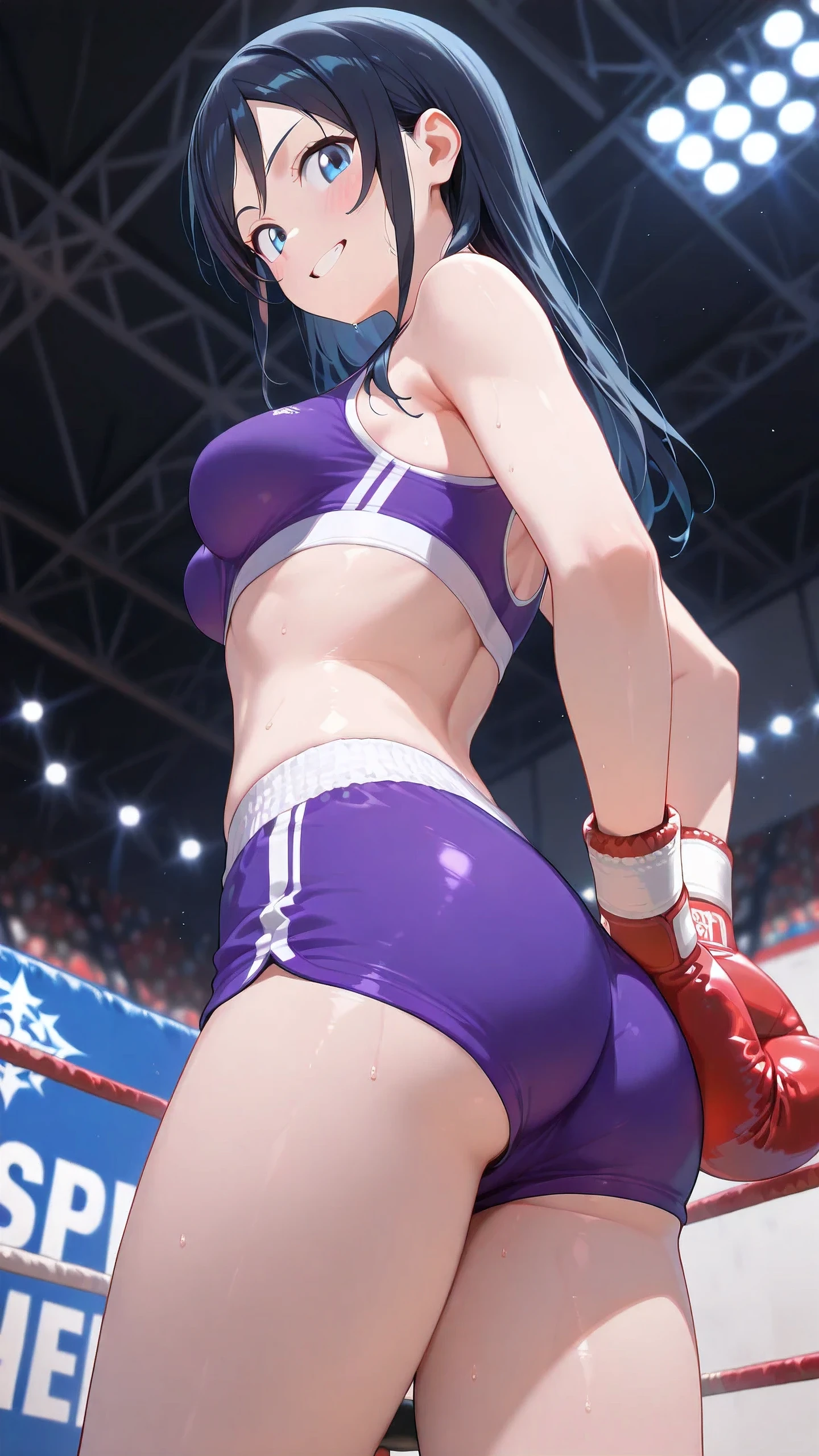 ayase aragaki, long hair, blue eyes, black hair, solo, Detailed eyes, sports bra, sports very short spats, boxing gloves, thigh, slim long legs, medium breast, grinning, looking at viewer, Detailed eyes, Detailed face, (cowboy shot, from side-below:1.5), victor, put her hands behind her back, boxing ring, spectator seats, spot lights, depth of field,