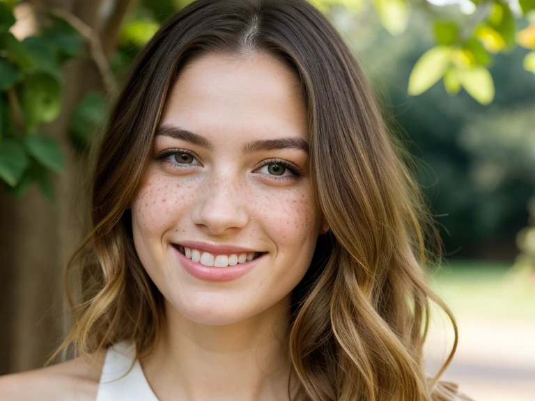 ultrarealistic long full face and body photorealistic image of a with a 23-year-old girl with a lovely face, featuring deep hazel
gracefully falls onto her shoulders, framing her face with elegance. Full lips paint a smile. Her face is adorned with one or more moles, adding a touch of mystery and charm Light freckles give a playful and natural air to her appearance, lending her an aura of freshness. Her beauty is a harmonious mix of unique and captivating features, making her irresistibly attractive. - Engage the viewer in the whimsical charm of a gaze purposefully avoiding direct eye contact with the camera, focusing towards the right. The subject, adorned with bold makeup, wears a captivating, slightly scowling expression while breaking into a delightful laughter. With eyes in time becomes a blend pase, in mystery and genuine joy