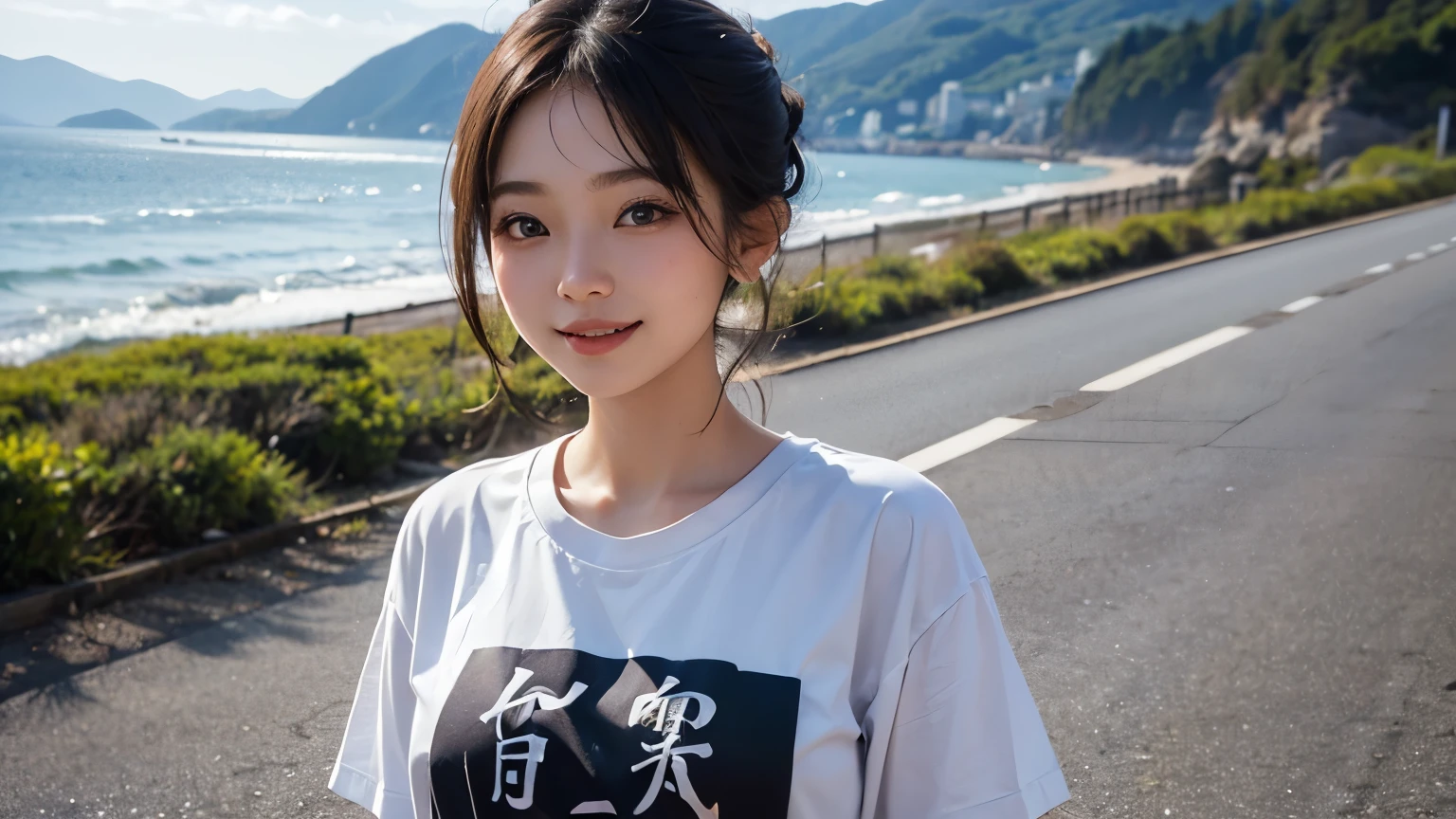 Long Hair, smile, Surrealism, UHigh resolution, Accurate, Anatomically correct, cute１６Year  girl、16 xtured skin, Very detailed, Attention to detail, highest quality, High resolution, (On a wide beach), Paradise Background, B cup breasts, She seen from below, (Oversized Long T-Shirt:1.3),