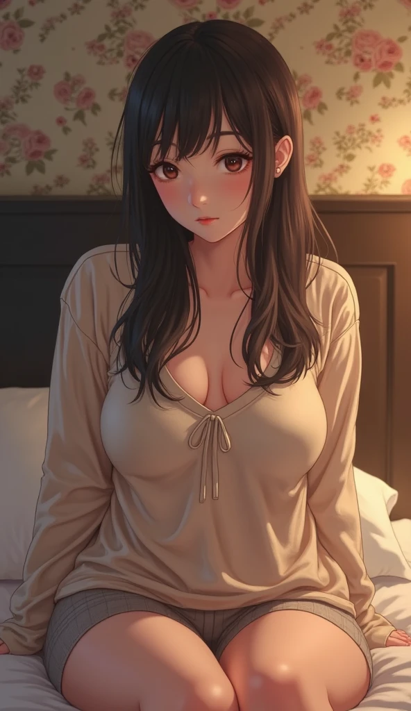 Amazing portrait of a hot MILF with a beautiful face wearing an oversized t shirt showcasing her bare shoulder with a seductive gaze and smile while lying on a bed