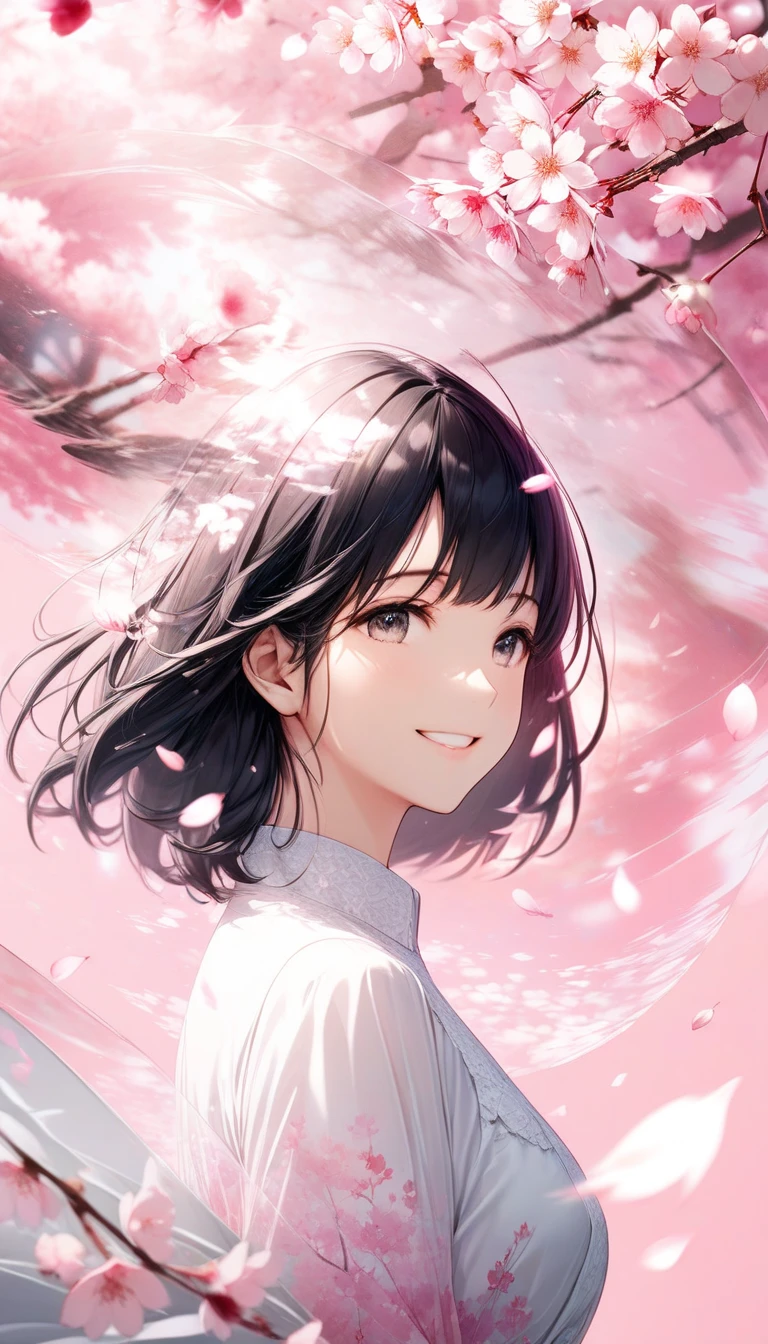 Black-haired beauty, A gentle smile for a lover, looking here, white blouse and gray long skirt, Close-up of upper body, Cherry blossom trees(double exposure:0.6, pink background blur, cherry blossom blizzard effect:1.2)