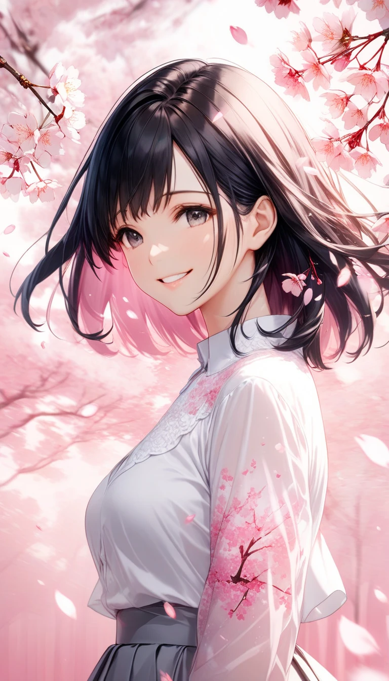 Black-haired beauty, A gentle smile for a lover, looking here, white blouse and gray long skirt, Close-up of upper body, Cherry blossom trees(double exposure:0.6, pink background blur, cherry blossom blizzard effect:1.2)
